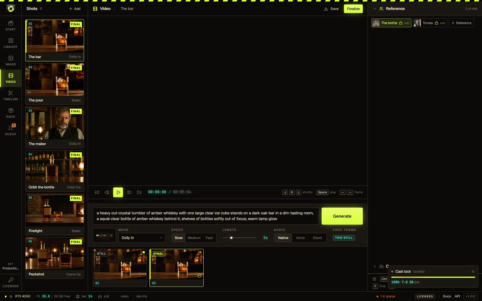 SetField video screen: shot list, preview monitor, camera move and take strip
